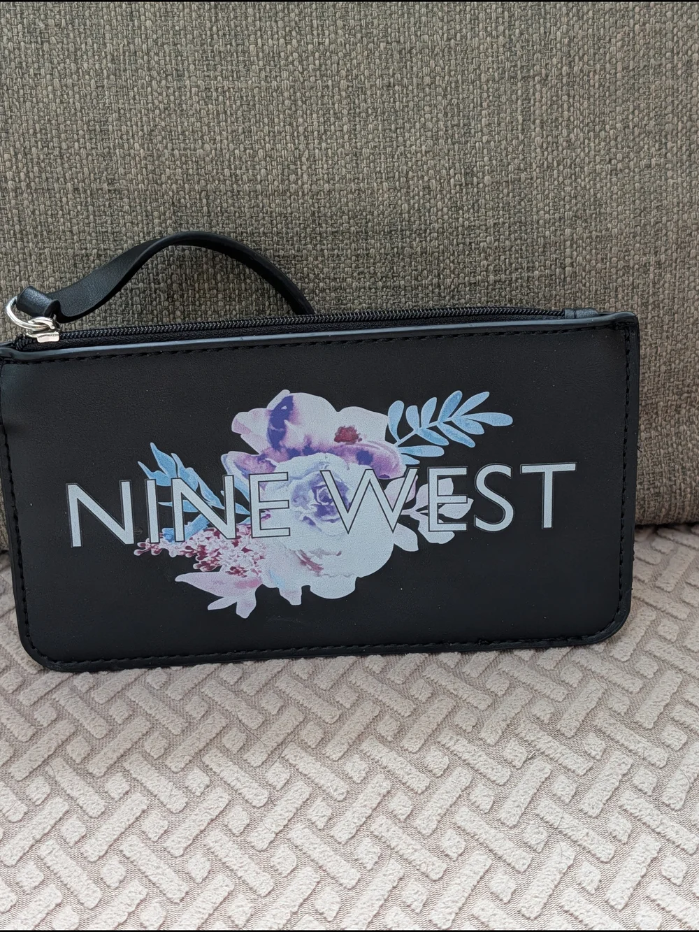 Nine West Black Floral Logo Wristlet NWOT